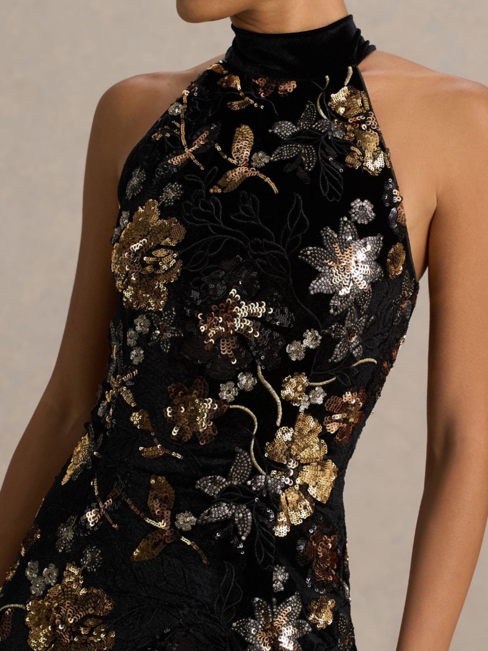TATE Black Velvet Halter-Neck Maxi Dress With Bronze Floral Sequin Embellishment - Picture 2 of 5